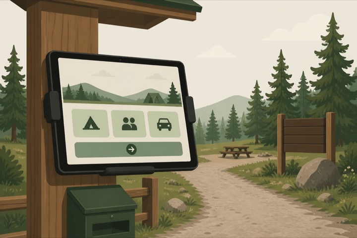 Fest installiertes Kiosk-Tablet am Platz-Eingang